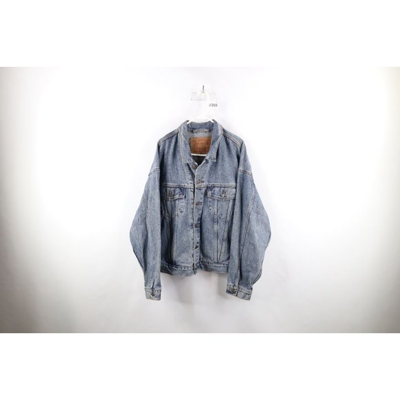 Vintage 90s Levis Mens Large Distressed Spell Out Denim Trucker Jacket Blue USA